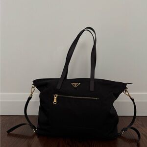 Prada Tessuto Nylon Saffiano Shopping Tote Black with Gold Accents
